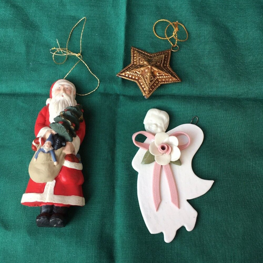 Lot Of 3 Ceramic Christmas Ornaments - Santa Angel Star Floral Bronze Tree